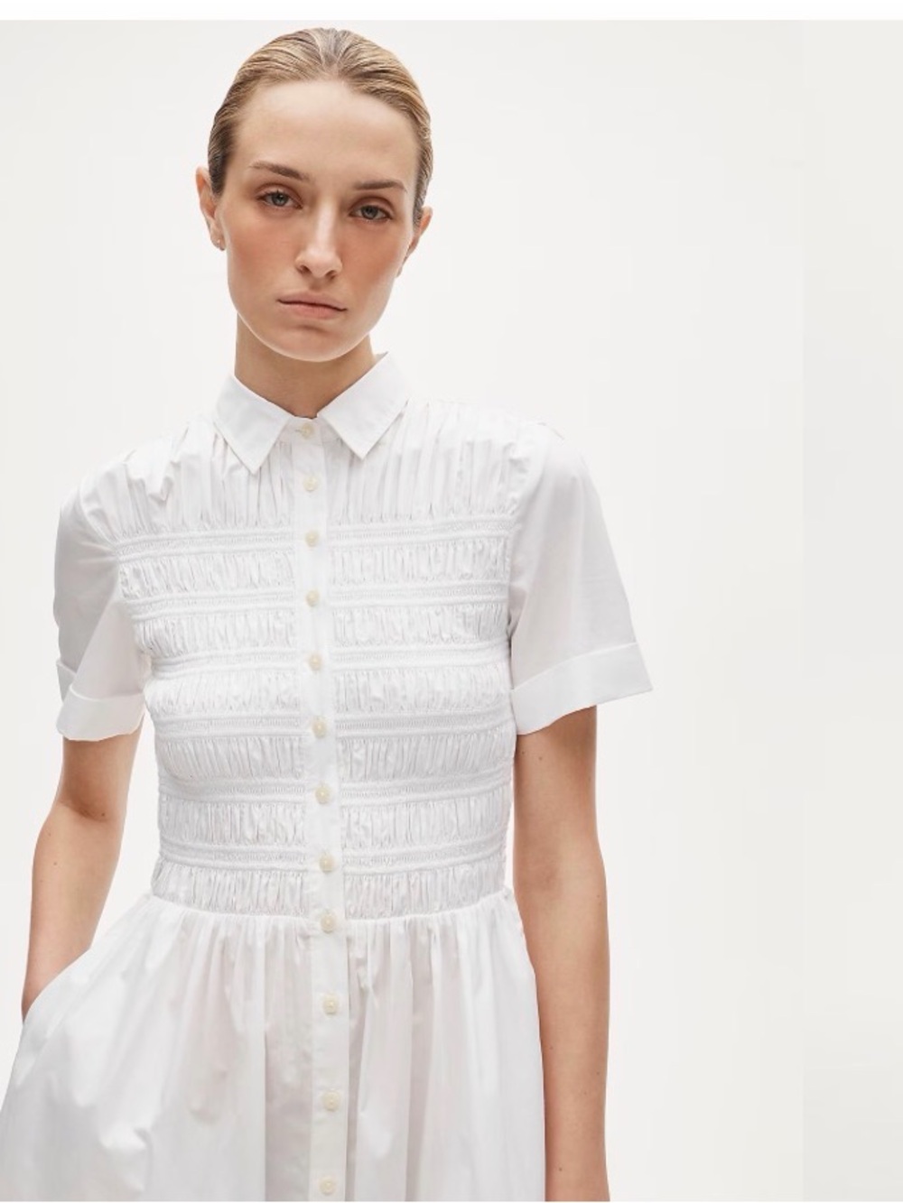 J. Crew Elsie Shirt Dress Cotton Poplin White Sz. S Smocked Button Up $178 CP995